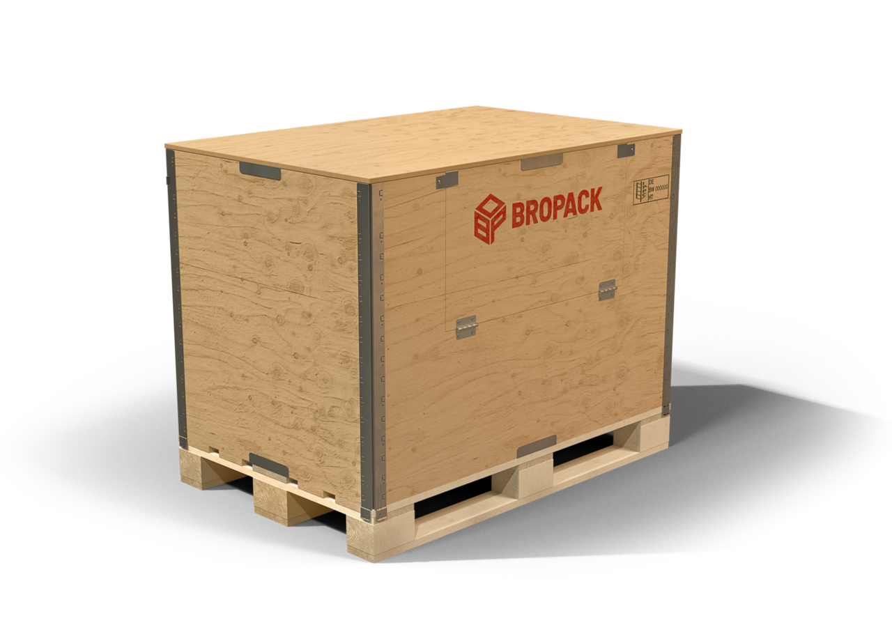 Mehrweg-Holzverpackung BI-Box von BROPACK mit Revisionsklappe, aufgebaut