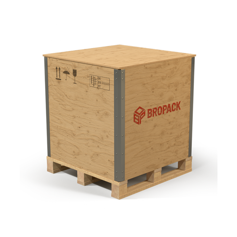 Geschlossene Holz-Faltkiste von BROPACK mit Firmenlogo auf Palettenfuß