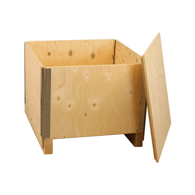 Holz-Faltkiste von BROPACK mit ausgeklapptem Seitenteil