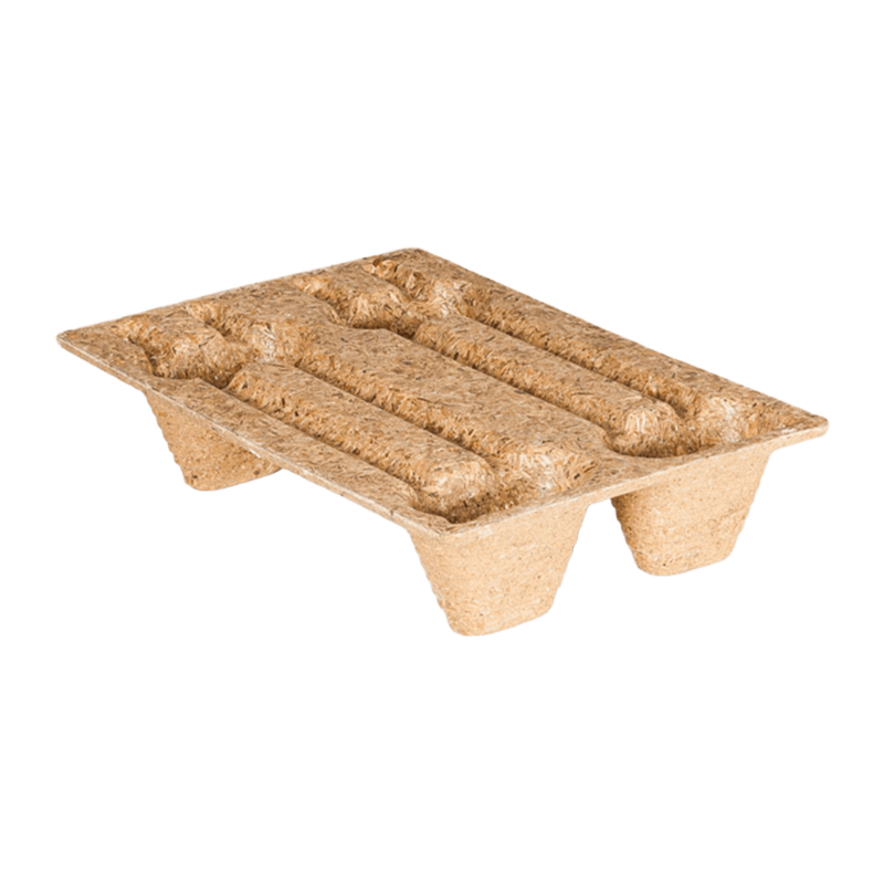 Schmale Pressholzpalette mit paralleler Riffelstruktur und vier Füßen von BROPACK